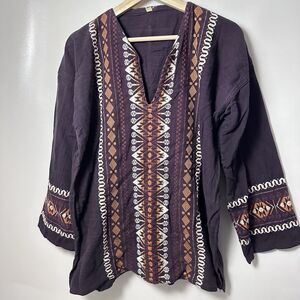 Embroidered Top Womens Bohemian Ethnic Native Hippie Woven Earthy Lagen M/L